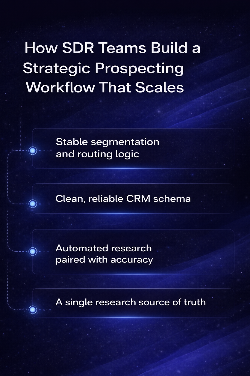 Infographic showing the four pillars of a scalable SDR prospecting workflow: segmentation and routing, clean CRM schema, automated research with accuracy, and a single source of truth.