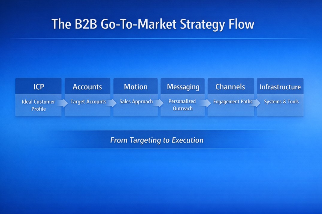 B2B go-to-market strategy framework showing ICP, account targeting, motion, messaging, channels, and infrastructure in a sequential flow.