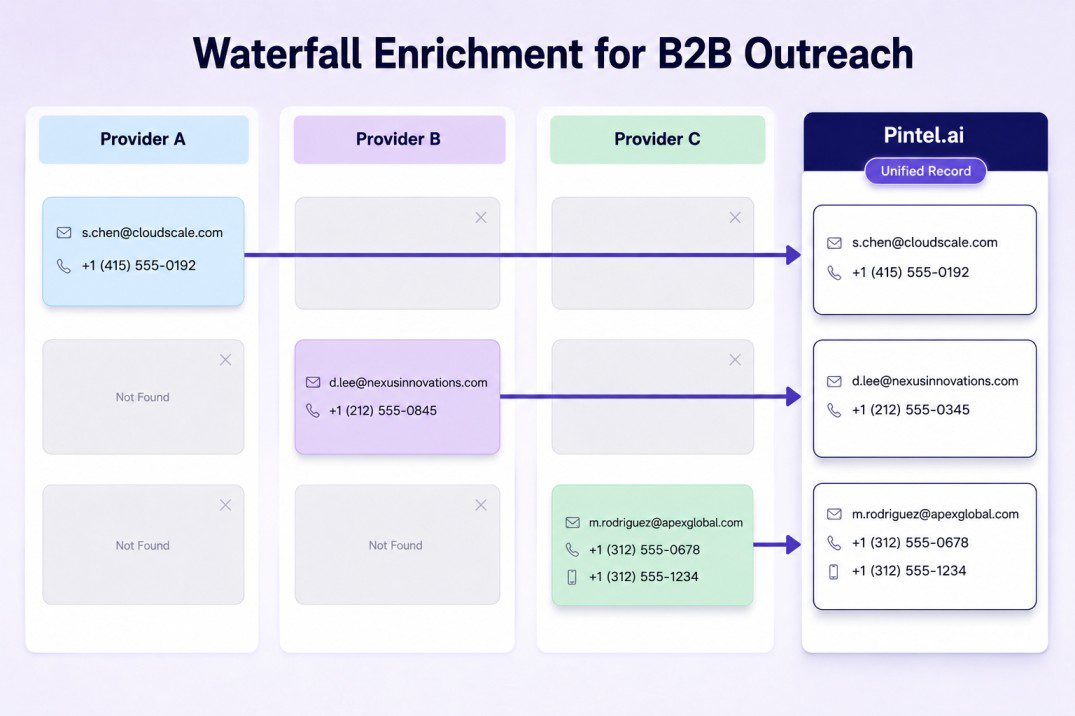 Waterfall enrichment for B2B outreach showing three data providers filling different contact records and combining the results into unified records in Pintel.ai.