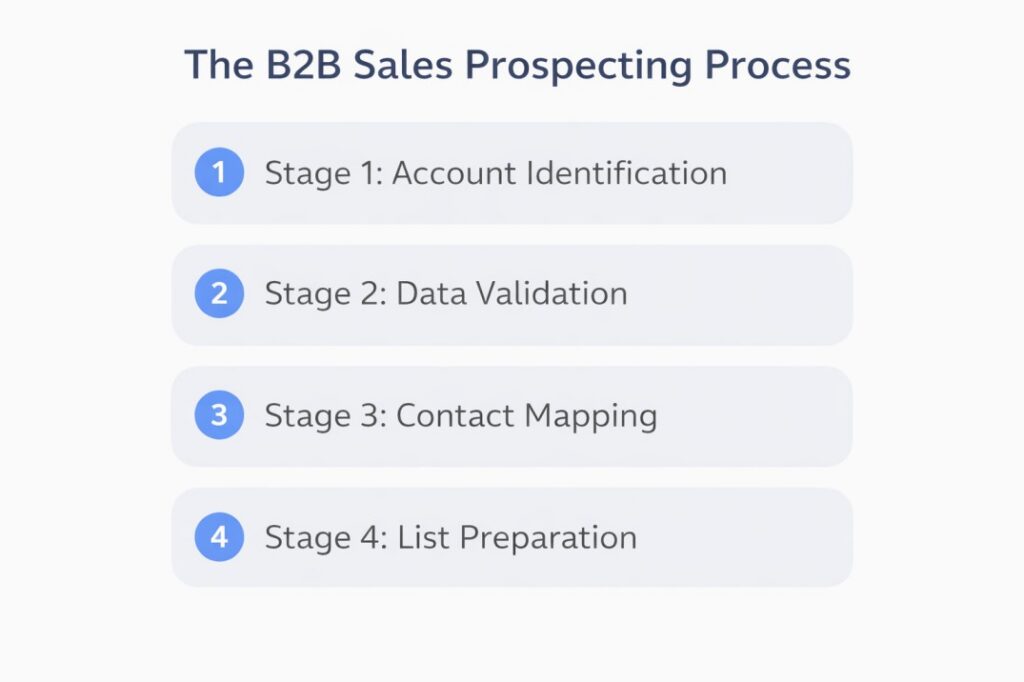 B2B sales prospecting process diagram showing four stages: account identification, data validation, contact mapping, and list preparation in a light professional layout.