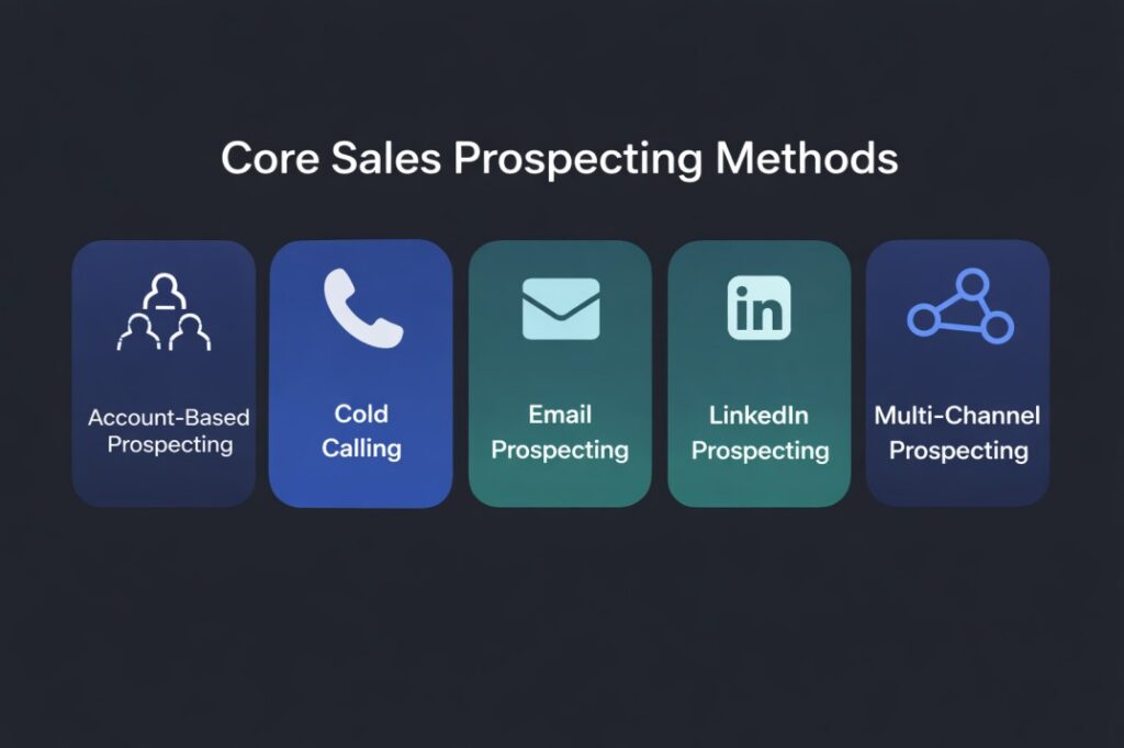 Core Sales Prospecting Methods infographic showing five categories: Account-Based Prospecting, Cold Calling, Email Prospecting, LinkedIn Prospecting, and Multi-Channel Prospecting displayed in a clean SaaS-style layout with icons.