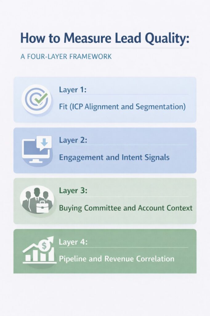 Infographic titled "How to Measure Lead Quality: A Four-Layer Framework" showing four layers: Layer 1 Fit (ICP Alignment and Segmentation), Layer 2 Engagement and Intent Signals, Layer 3 Buying Committee and Account Context, and Layer 4 Pipeline and Revenue Correlation.