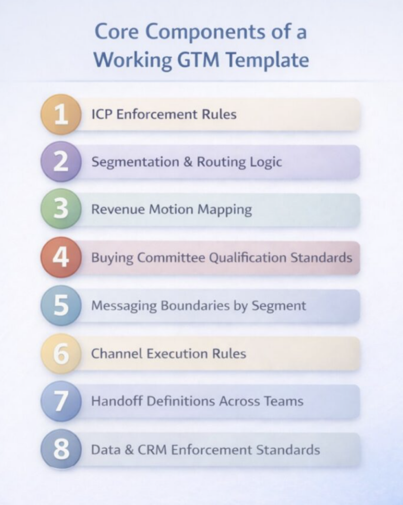 Infographic titled “Core Components of a Working GTM Template” showing seven vertically stacked sections: ICP Enforcement Rules, Segmentation & Routing Logic, Revenue Motion Mapping, Buying Committee Qualification Standards, Messaging Boundaries by Segment, Channel Execution Rules, and Handoff Definitions Across Teams, displayed in a clean light blue professional SaaS design.