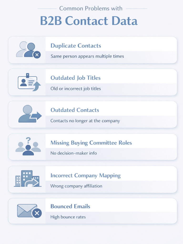 Infographic showing: Common Problems with B2B Contact DataDuplicate contacts:The same person appears multiple times with slightly different names, titles, or email formats, creating confusion in CRM and outreach tools.Outdated job titles:Someone may have been promoted or moved into a new role, but the database still lists their previous title.Outdated contacts:A contact may have already left the company, moved to a different role, or changed organizations entirely, making the record inaccurate for outreach.Missing buying committee roles:The database may list a contact at the company but cannot indicate whether they are a decision-maker, influencer, or end user.Incorrect company mapping:Contacts are sometimes attributed to a parent company rather than the specific subsidiary or business unit your team is targeting.Bounced emails:Email addresses that appear valid may return hard bounces, damaging sender reputation and wasting outreach capacity.These are not edge cases. They are everyday friction points that scale across hundreds of accounts and thousands of contacts.