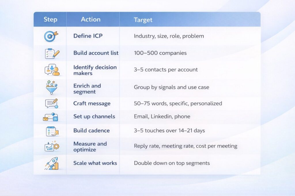 Outbound lead generation process infographic showing 9 steps from ICP definition to scaling top-performing segments