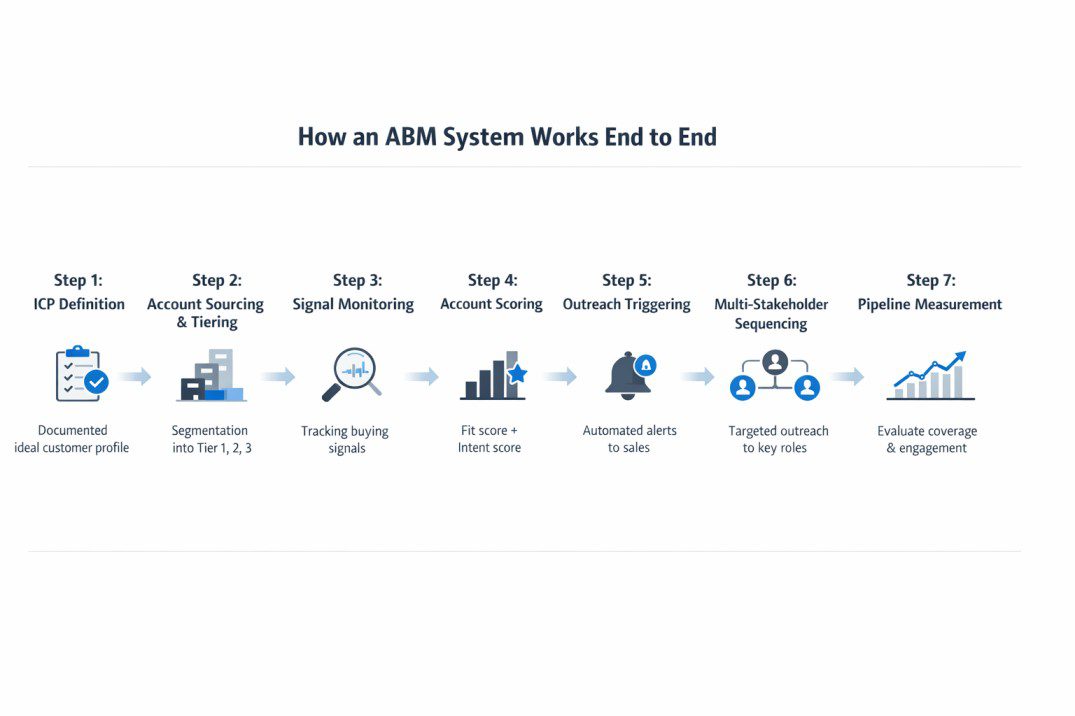 Infographic showing how an account-based marketing strategy works end to end, including ICP definition, account sourcing, signal monitoring, scoring, outreach, and pipeline measurement