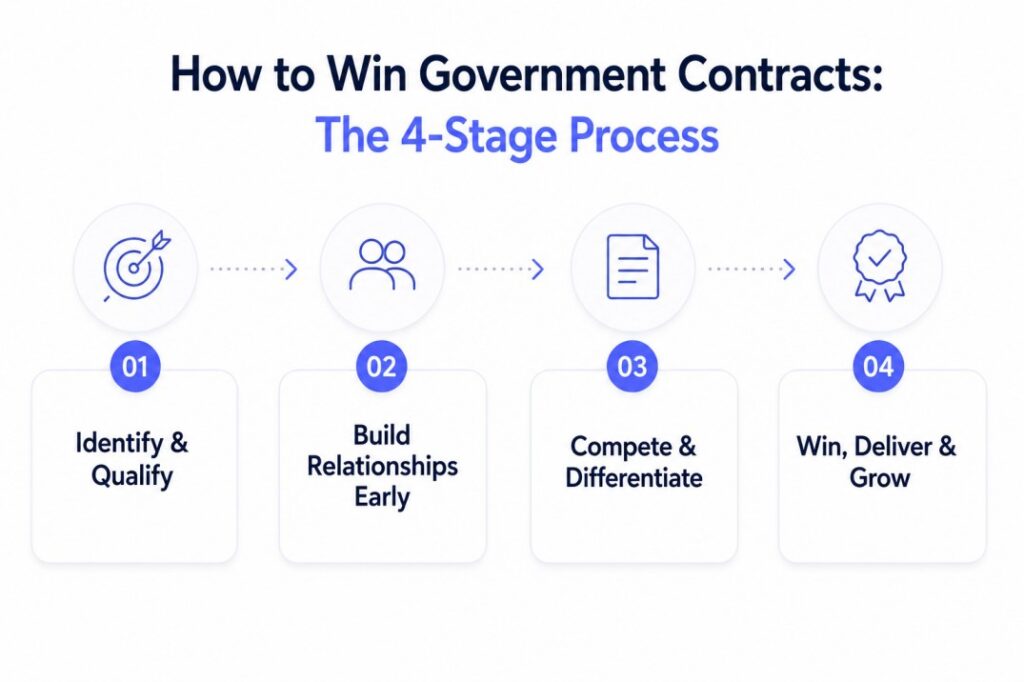 Minimal infographic showing the four stages of winning government contracts: Identify and Qualify, Build Relationships Early, Compete and Differentiate, and Win, Deliver, and Grow.B2G sales