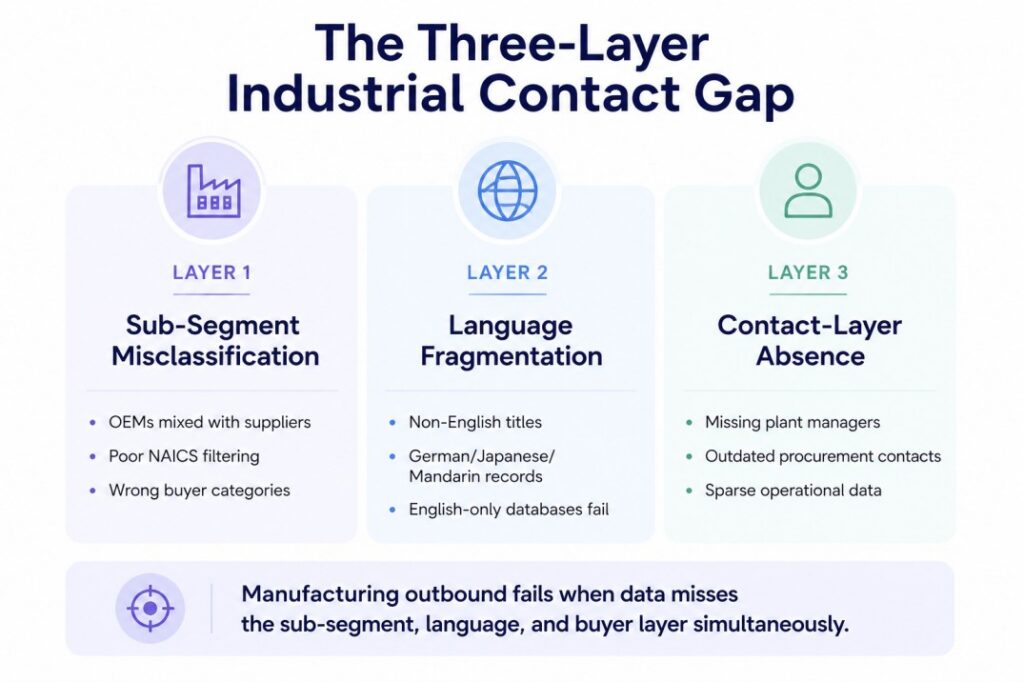 Infographic showing the three-layer industrial contact gap in manufacturing outbound: sub-segment misclassification, language fragmentation, and contact-layer absence, with examples of missing operational contacts and non-English manufacturing records.