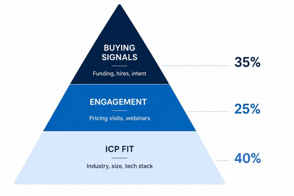 Visual framework showing a three-layer B2B lead scoring model with ICP fit, engagement signals, and buying signals weighted for lead prioritization.