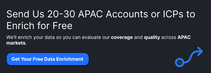 Free APAC data enrichment for 20 to 30 target accounts or ideal customer profiles (ICPs) to evaluate B2B company and contact data coverage and quality across Asia Pacific markets.
Best APAC B2B Data Providers for Sales and GTM Teams in 2026