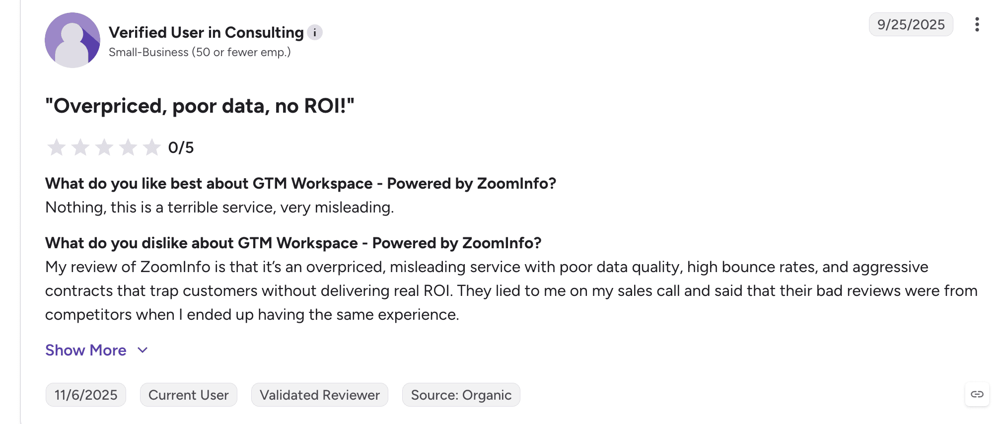 ZoomInfo customer review discussing pricing concerns, poor data quality, and limited ROI.