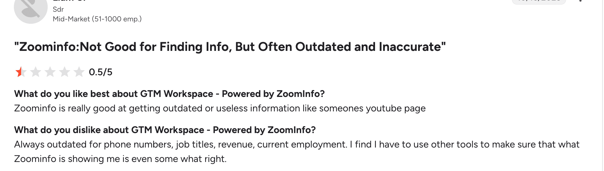 ZoomInfo customer review mentioning outdated contact information, incorrect job titles, and data accuracy issues.