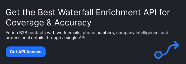 **Headline:** Get Access to the Best Waterfall Enrichment API  **Supporting copy:** Enrich B2B contacts with work emails, phone numbers, company intelligence, and professional details through a single API.  **Button:** Get API Access