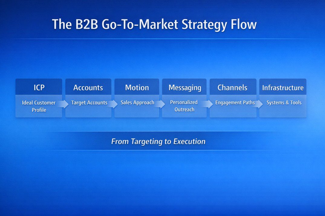 B2B go-to-market strategy framework showing ICP, account targeting, motion, messaging, channels, and infrastructure in a sequential flow.