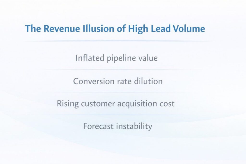 Infographic titled “The Revenue Illusion of High Lead Volume” listing four impacts: inflated pipeline value, conversion rate dilution, rising customer acquisition cost, and forecast instability.