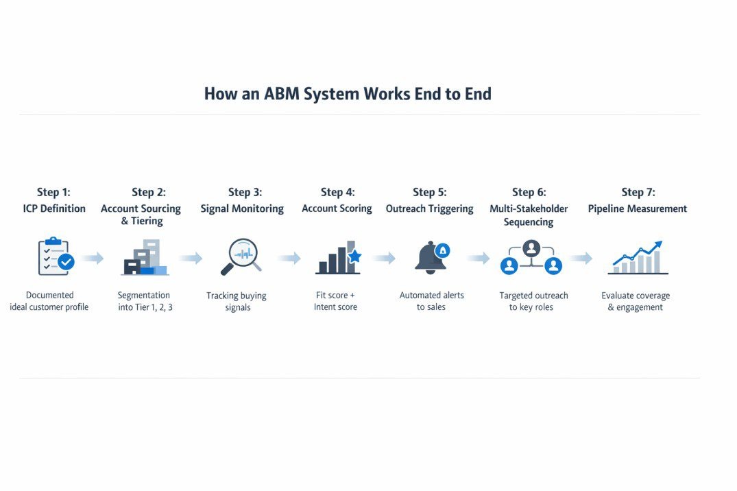 Infographic showing how an account-based marketing strategy works end to end, including ICP definition, account sourcing, signal monitoring, scoring, outreach, and pipeline measurement