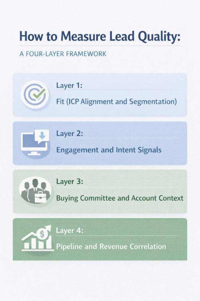 Infographic titled "How to Measure Lead Quality: A Four-Layer Framework" showing four layers: Layer 1 Fit (ICP Alignment and Segmentation), Layer 2 Engagement and Intent Signals, Layer 3 Buying Committee and Account Context, and Layer 4 Pipeline and Revenue Correlation.