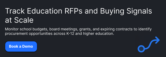 **Headline:** Track Education RFPs and Buying Signals at Scale  **Supporting copy:** Monitor school budgets, board meetings, grants, and expiring contracts to identify procurement opportunities across K-12 and higher education.  **Button:** Explore Pintel.ai