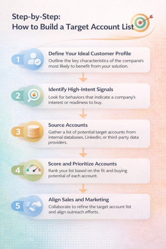 Infographic showing five steps to build a B2B target account list: define ICP, identify high-intent signals, source accounts, score and prioritize, and align sales and marketing.